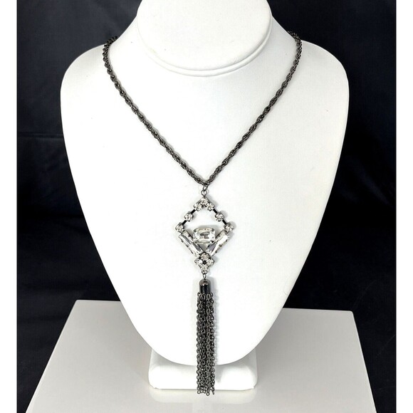 New Boutique Necklace Clear Stones Tassel Hematite Tone Women's 1L - Picture 3 of 10